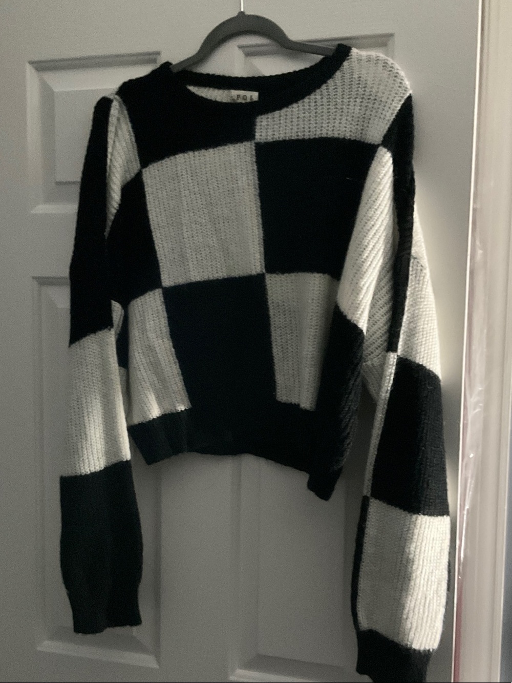 POL Black & White Checkerboard Crewneck Sweater
